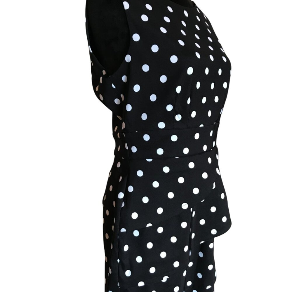 Polka Dot Ruffled Sheath Dress Connected Apparel, Black White Fitted Bodice 10